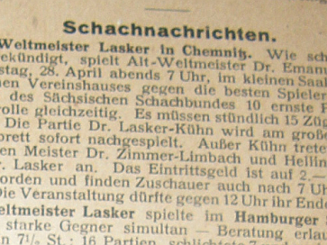 Ankündigung des Uhrensimultans mit Lasker in Chemnitz 1925