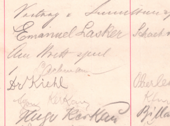 13.12.1908 - Vortrag und Simultanspiel von Emanuel Lasker: Unterschriften u.a. von Egon und Hugo Kerkau