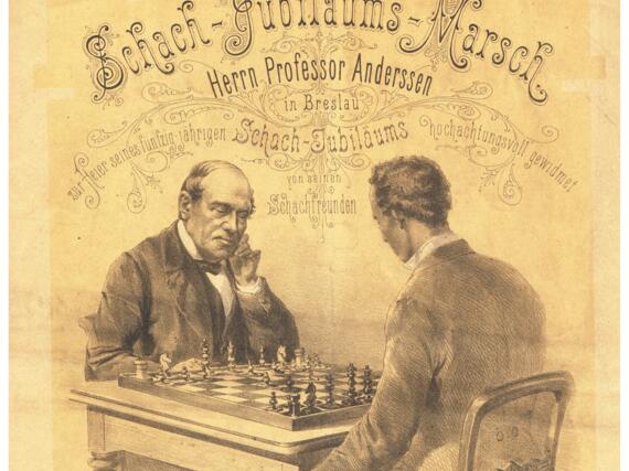 Deckblatt des Schach-Jubiläums-Marsches mit einer Lithographie Anderssens im Spiel gegen Louis Paulsen