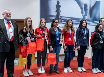 U16 weiblich: Annmarie Mütsch (Gold), Honorata Kucharska (Polen, Silber), Goyal Sanskriti (Indien, Bronze), Jovana Srdanovic (Serbien, Platz 4), Govhar Beydullajewa (Aserbaidschan, Platz 5) und Aashna Makhija (Indien, Platz 6)