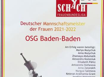 Urkunde für die OSG Baden-Baden, Sieger der Frauenbundesliga