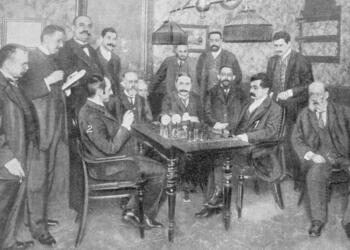 Schachweltmeisterschaft 1910, links Schlechter (1), rechts Lasker (2)