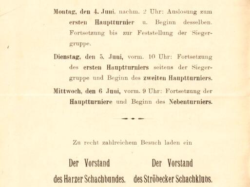 Einladung des Harzer Schachbundes zum Kongress Ostern 1900 nach Ströbeck, S. 1 u. 4 - eingebunden in das Protokollbuch des Harzer Schachbundes Nr. 1, 1882, zwischen den Seiten 166 und 167