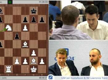 Jan Gustafsson und Lawrence Trent sind überrascht: Nisipeanu zog Sxd6 statt Lxe5. Oben rechts Niclas Huschenbeth.