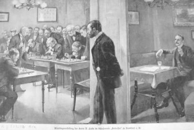 Ein etwas „verfremdeter“ Paul Lipke bei seiner Blindschach-Séance an sechs Brettern am 27. Oktober 1894 im Schachverein „Anderssen“ in Frankfurt a./M.