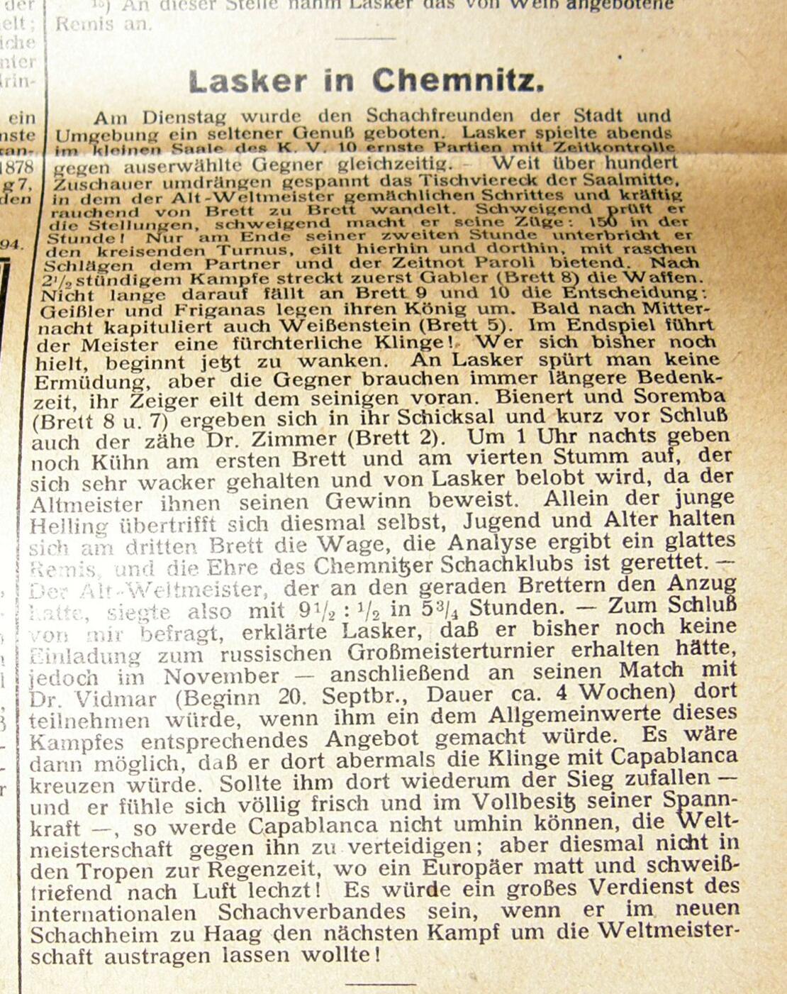 Bericht vom Uhrensimultan im Chemnitzer Tageblatt vom 3. Mai 1925
