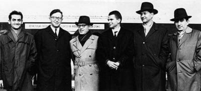 Die sowjetische Mannschaft mit Leonid Stein, Wassili Smyslow, Michail Botwinnik, Boris Spasski, Paul Keres und Tigran Petrosjan
