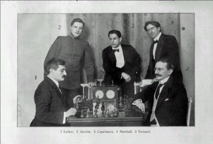 v.l. Lasker, Aljechin, Capablanca, Marshall und Tarrasch - aufgenommen St.Petersburg 1914