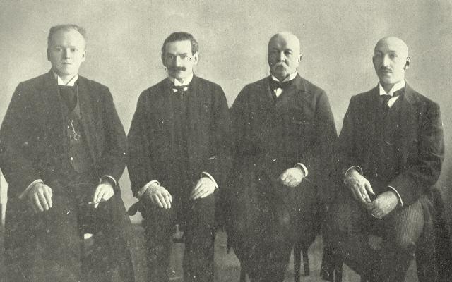 Die Organisatoren von St. Petersburg 1914. V.l.n.r. P. P. Saburov, Y. O. Sossnitzky, P. A. Saburov and B. E. Maljutin
