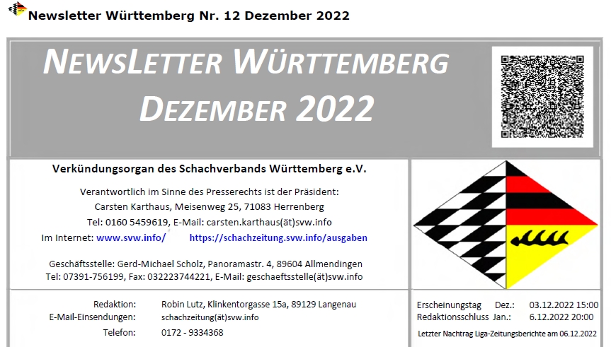 Es gibt ihn wieder - den Newsletter des Schachverbandes Württemberg